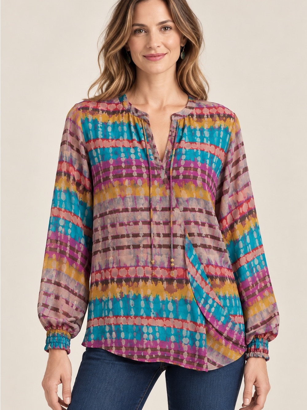 APNY Blouse NWT Watercolor Tie Dye Tassel Tie Draped Boho Wrap Top